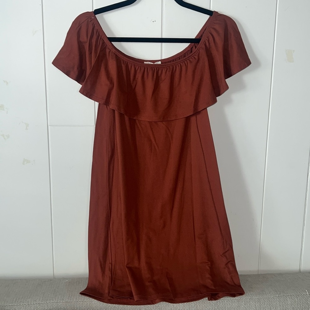rust colored, off the shoulder, mini dress